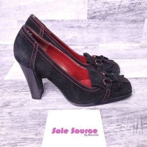 Anne Klein Sport Suede Tassel Heeled Loafer Pump Black Red Women's sz 6